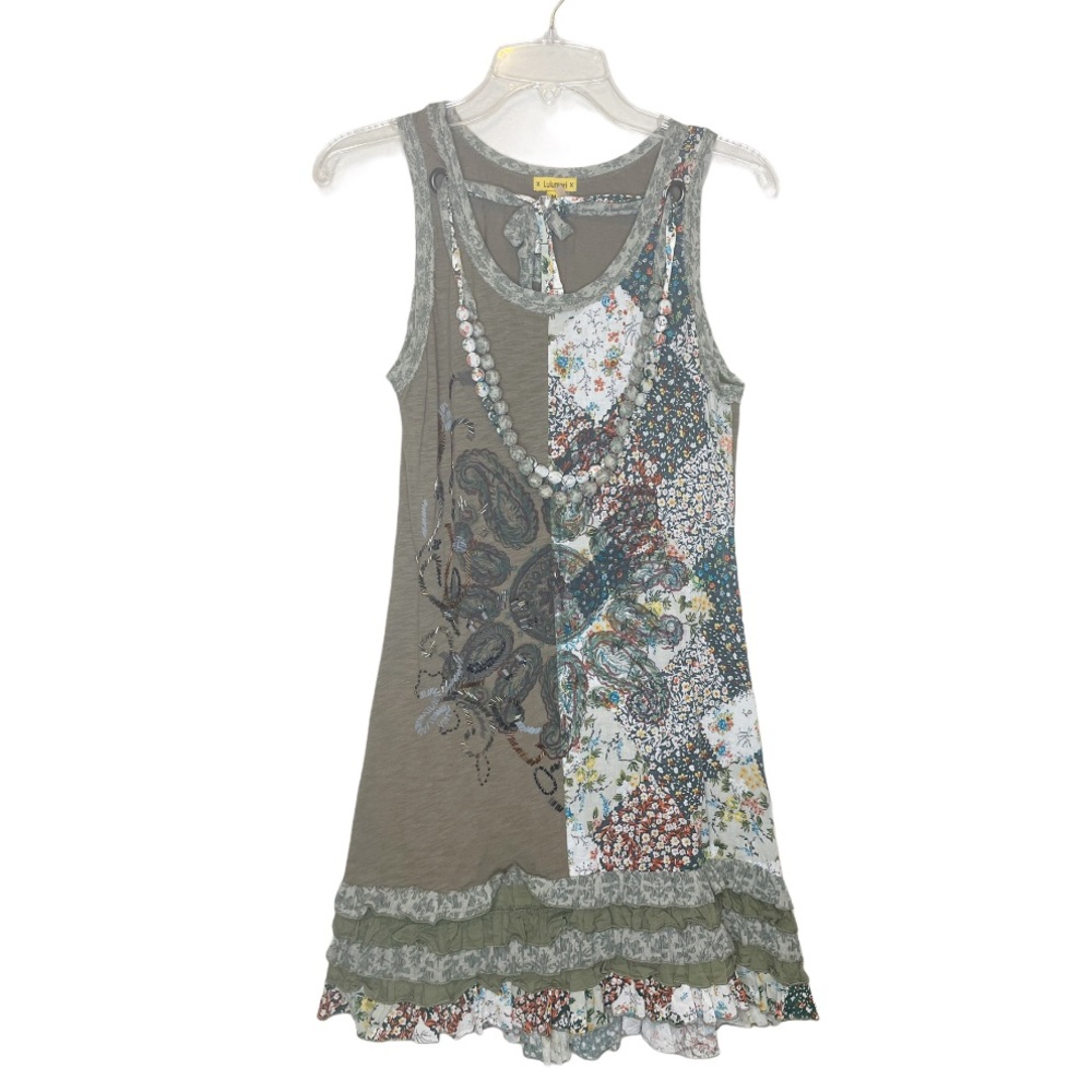Sleeveless Ruffled Dress Womens Size S LULUMARI Mixed Print Texture Dress